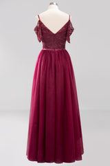 Affordable Chiffon Off-the-Shoulder Burgundy Lace Bridesmaid Dresses-27dress