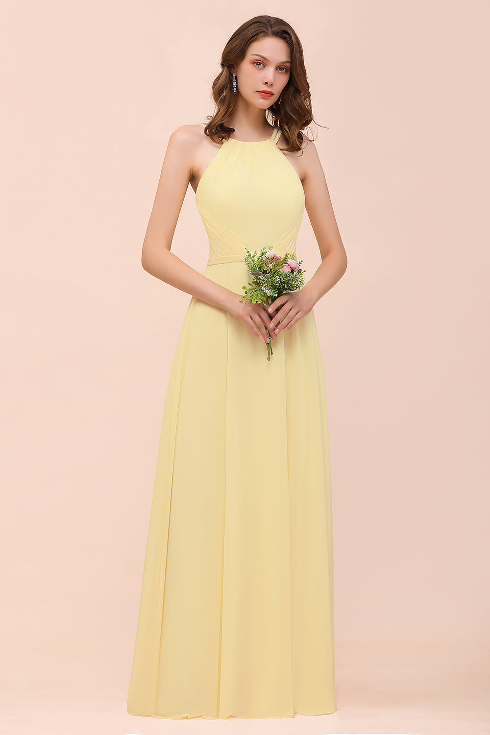 Affordable Daffodil Chiffon Sleeveless Long Bridesmaid Dress with Ruffle-27dress