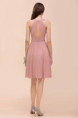 Affordable Dusty Pink Round Neck Ruffle Short Bridesmaid Dresses Online-27dress