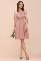 Affordable Dusty Pink Round Neck Ruffle Short Bridesmaid Dresses Online-27dress
