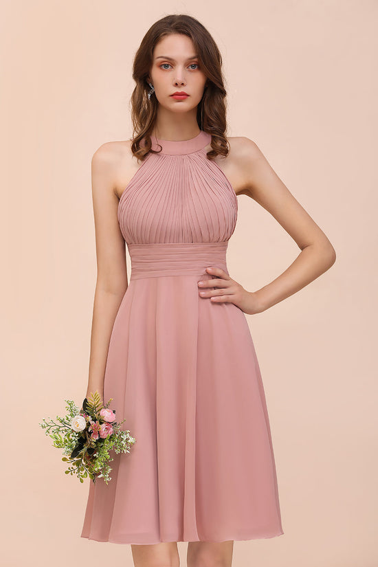 Affordable Dusty Pink Round Neck Ruffle Short Bridesmaid Dresses Online-27dress