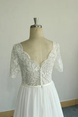 Affordable Halfsleeves V-neck Chiffon Wedding Dresses White A-line Ruffles Bridal Gowns Online-27dress