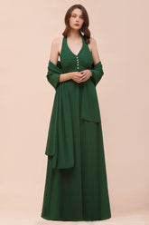 Affordable Halter Beading Ruffle Dark Green Bridesmaid Dress With Shawl-27dress