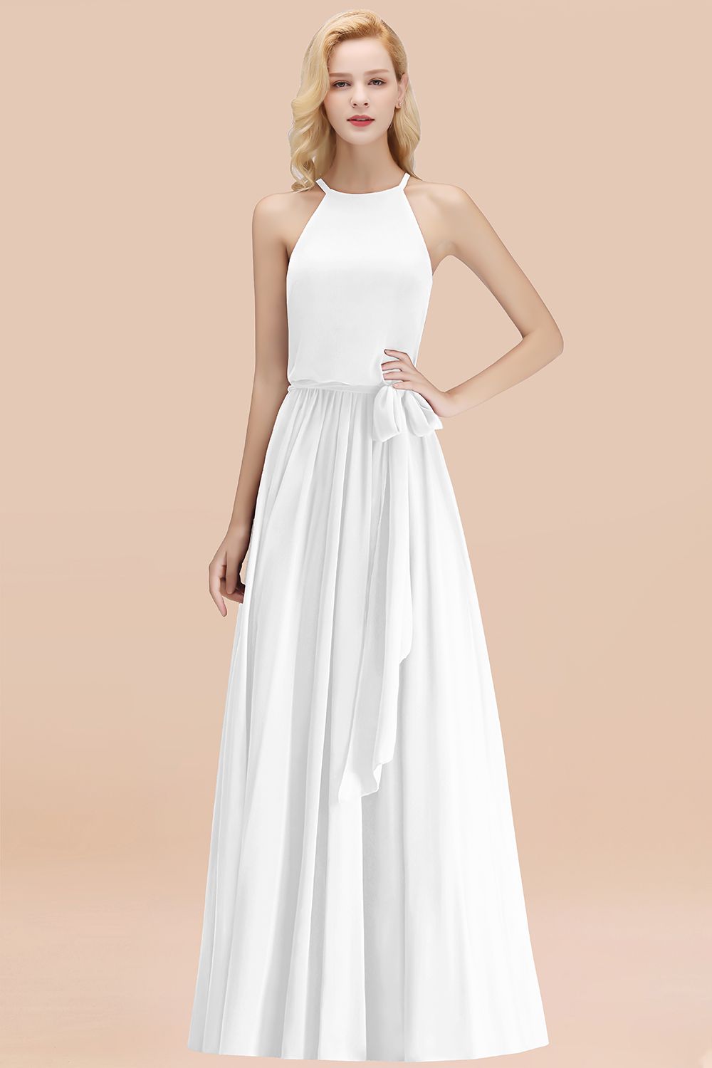 Affordable Halter Bow Long Bridesmaid Dress Modest Burgundy Chiffon Wedding Party Dress-27dress