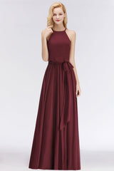 Affordable Halter Bow Long Bridesmaid Dress Modest Burgundy Chiffon Wedding Party Dress-27dress