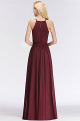Affordable Halter Bow Long Bridesmaid Dress Modest Burgundy Chiffon Wedding Party Dress-27dress
