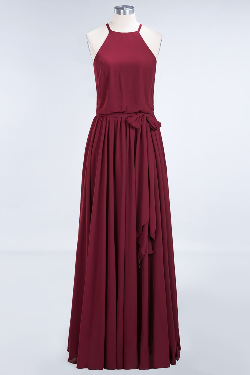 Affordable Halter Bow Long Bridesmaid Dress Modest Burgundy Chiffon Wedding Party Dress-27dress