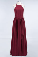 Affordable Halter Bow Long Bridesmaid Dress Modest Burgundy Chiffon Wedding Party Dress-27dress