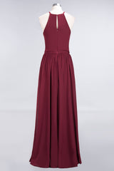 Affordable Halter Bow Long Bridesmaid Dress Modest Burgundy Chiffon Wedding Party Dress-27dress