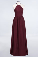 Affordable Halter Sleeveless Long Burgundy Bridesmaid Dress with Ruffle-27dress