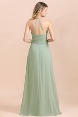 Affordable Halter Sweetheart Chiffon Dusty Sage Bridesmaid Dresses-27dress