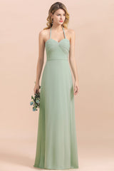 Affordable Halter Sweetheart Chiffon Dusty Sage Bridesmaid Dresses-27dress