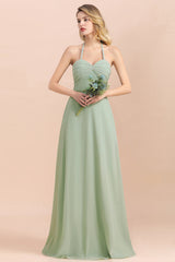Affordable Halter Sweetheart Chiffon Dusty Sage Bridesmaid Dresses-27dress