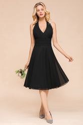 Affordable Halter V-Neck Black Short Bridesmaid Dresses Online-27dress