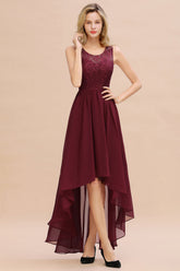 Affordable Hi-Lo Lace Sleeveless Burgundy Chiffon Bridesmaid Dress Online-27dress