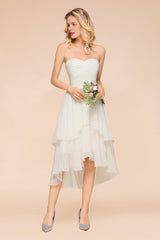 Affordable Hi-Lo Layer Ruffle Ivory Short Bridesmaid Dress with Flower-27dress