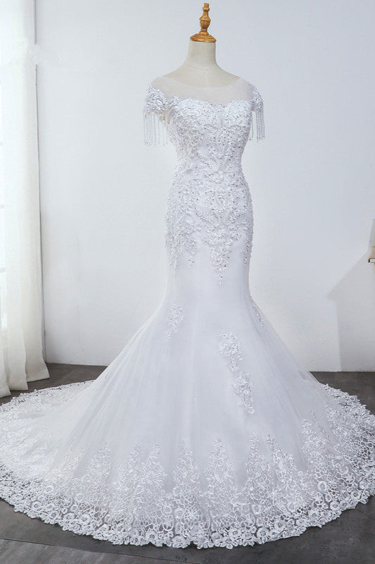 Classy Strapless white Tulle Lace Appliques Mermaid Long Wedding Dress Bridal Dress SP1663