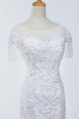 Affordable Jewel Mermaid Tulle Lace Wedding Dress Sleeveless Appliques Beading Bridal Gowns with Tassels Online-27dress