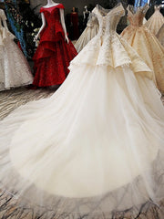 Affordable Jewel Off-the-shoulder A-line Wedding Dresses With Appliques Ivory Ruffles Lace Bridal Gowns On Sale-27dress