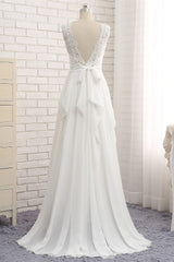 Affordable Jewel White Chiffon Ruffle Wedding Dress Sleeveless Appliques Bridal Gowns with Beadings-27dress
