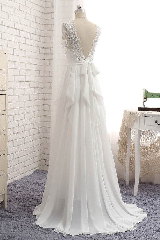 Affordable Jewel White Chiffon Ruffle Wedding Dress Sleeveless Appliques Bridal Gowns with Beadings-27dress