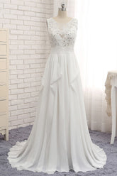 Affordable Jewel White Chiffon Ruffle Wedding Dress Sleeveless Appliques Bridal Gowns with Beadings-27dress
