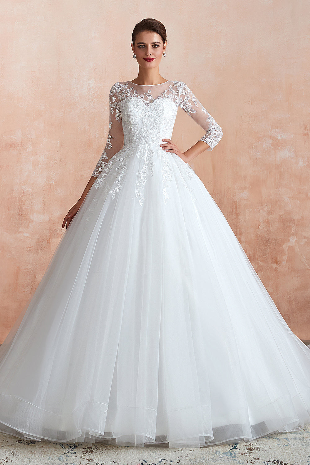 Affordable Lace Jewel White Tulle Wedding Dresses with 3/4 Sleeves-27dress