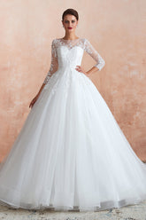 Affordable Lace Jewel White Tulle Wedding Dresses with 3/4 Sleeves-27dress