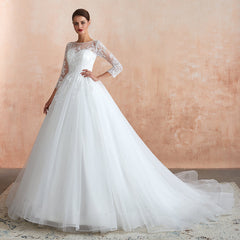 Affordable Lace Jewel White Tulle Wedding Dresses with 3/4 Sleeves-27dress