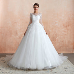 Affordable Lace Jewel White Tulle Wedding Dresses with 3/4 Sleeves-27dress