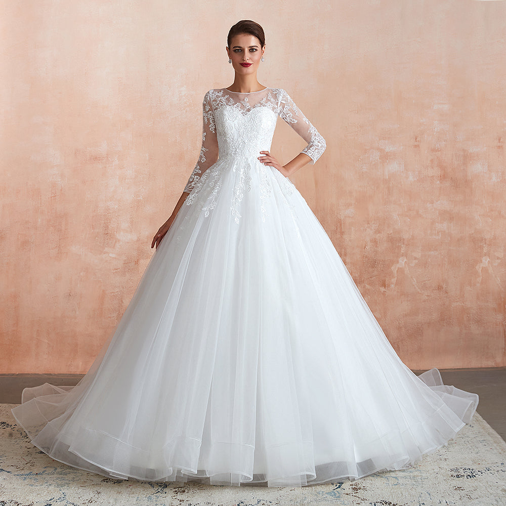 Affordable Lace Jewel White Tulle Wedding Dresses with 3/4 Sleeves-27dress