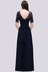 Affordable Lace Scoop Dark Navy Bridesmaid Dresses with Half-Sleeves-27dress