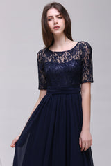 Affordable Lace Scoop Dark Navy Bridesmaid Dresses with Half-Sleeves-27dress