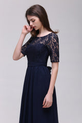 Affordable Lace Scoop Dark Navy Bridesmaid Dresses with Half-Sleeves-27dress