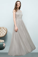 Affordable Lace Sleeveless Silver Bridesmaid Dress with Ruffles-27dress
