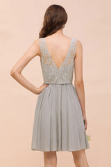 Affordable Lace V-Neck Silver Chiffon Short Bridesmaid Dress Online-27dress