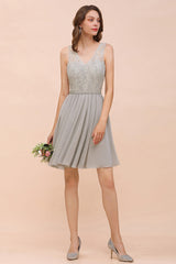 Affordable Lace V-Neck Silver Chiffon Short Bridesmaid Dress Online-27dress