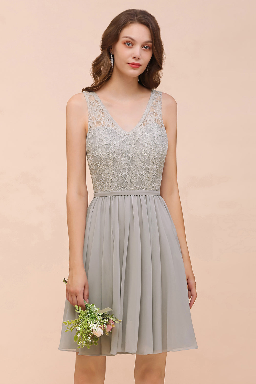 Affordable Lace V-Neck Silver Chiffon Short Bridesmaid Dress Online-27dress