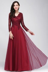 Affordable Long Sleeves V-Neck Lace Burgundy Bridesmaid Dresses with Appliques-27dress