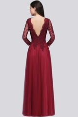 Affordable Long Sleeves V-Neck Lace Burgundy Bridesmaid Dresses with Appliques-27dress