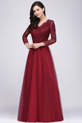 Affordable Long Sleeves V-Neck Lace Burgundy Bridesmaid Dresses with Appliques-27dress