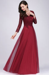 Affordable Long Sleeves V-Neck Lace Burgundy Bridesmaid Dresses with Appliques-27dress
