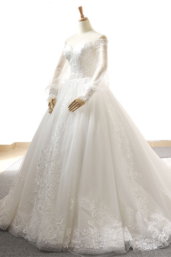 Affordable Longsleeves Appliques Tulle Wedding Dresses A-line Lace White Bridal Gowns On Sale-27dress