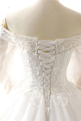 Affordable Longsleeves Appliques Tulle Wedding Dresses A-line Lace White Bridal Gowns On Sale-27dress