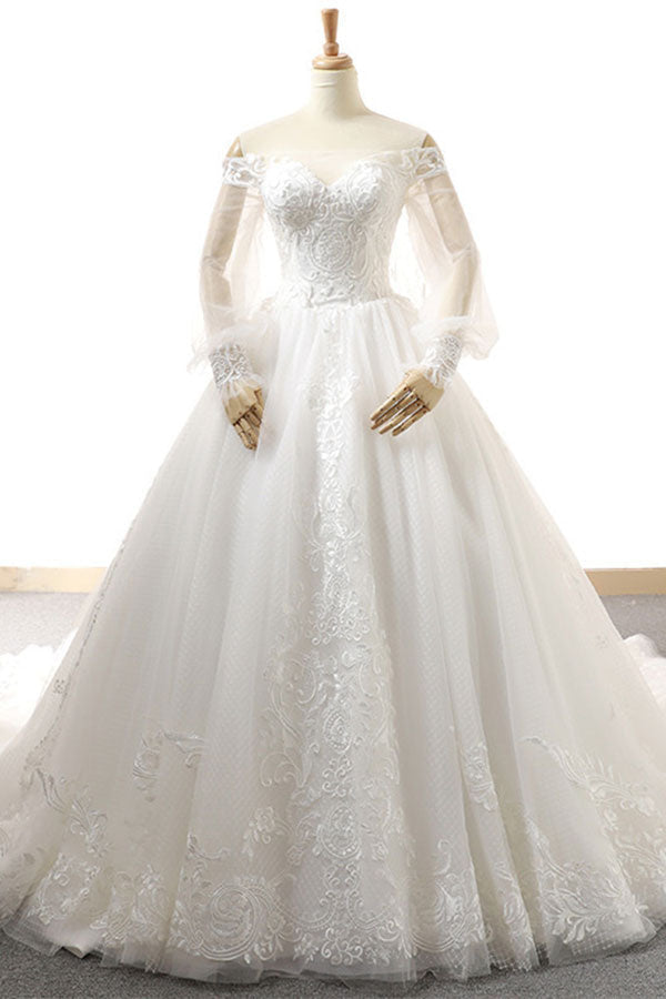 Affordable Longsleeves Appliques Tulle Wedding Dresses A-line Lace White Bridal Gowns On Sale-27dress