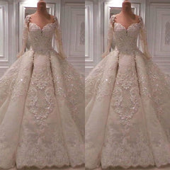 Affordable Longsleeves Ivory Lace Wedding Dresses With Appliques A-line Ruffles Bridal Gowns On Sale-27dress