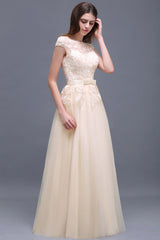 Affordable Off-the-Shoulder Champagne Bridesmaid Dresses with Appliques-27dress