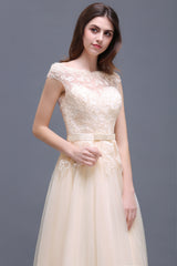 Affordable Off-the-Shoulder Champagne Bridesmaid Dresses with Appliques-27dress