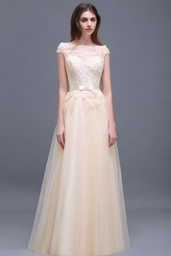 Affordable Off-the-Shoulder Champagne Bridesmaid Dresses with Appliques-27dress