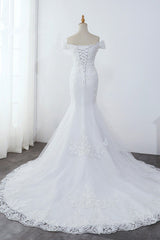 Affordable Off-the-Shoulder Mermaid White Wedding Dress Short Sleeves Tulle Appliques Bridal Gowns On Sale-27dress